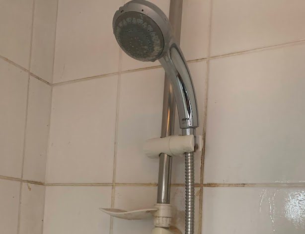 Heavily scaled shower head — scale and sediment create conditions for Legionella bacteria growth in hot and cold water systems